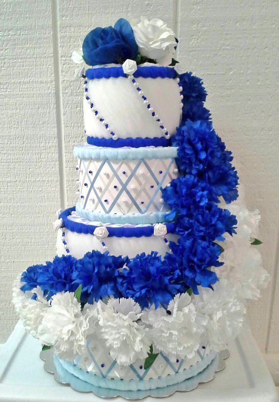 Royal Blue White Blue Themed Baby Shower 4 Tier Wedding Style Diaper Cake Gift