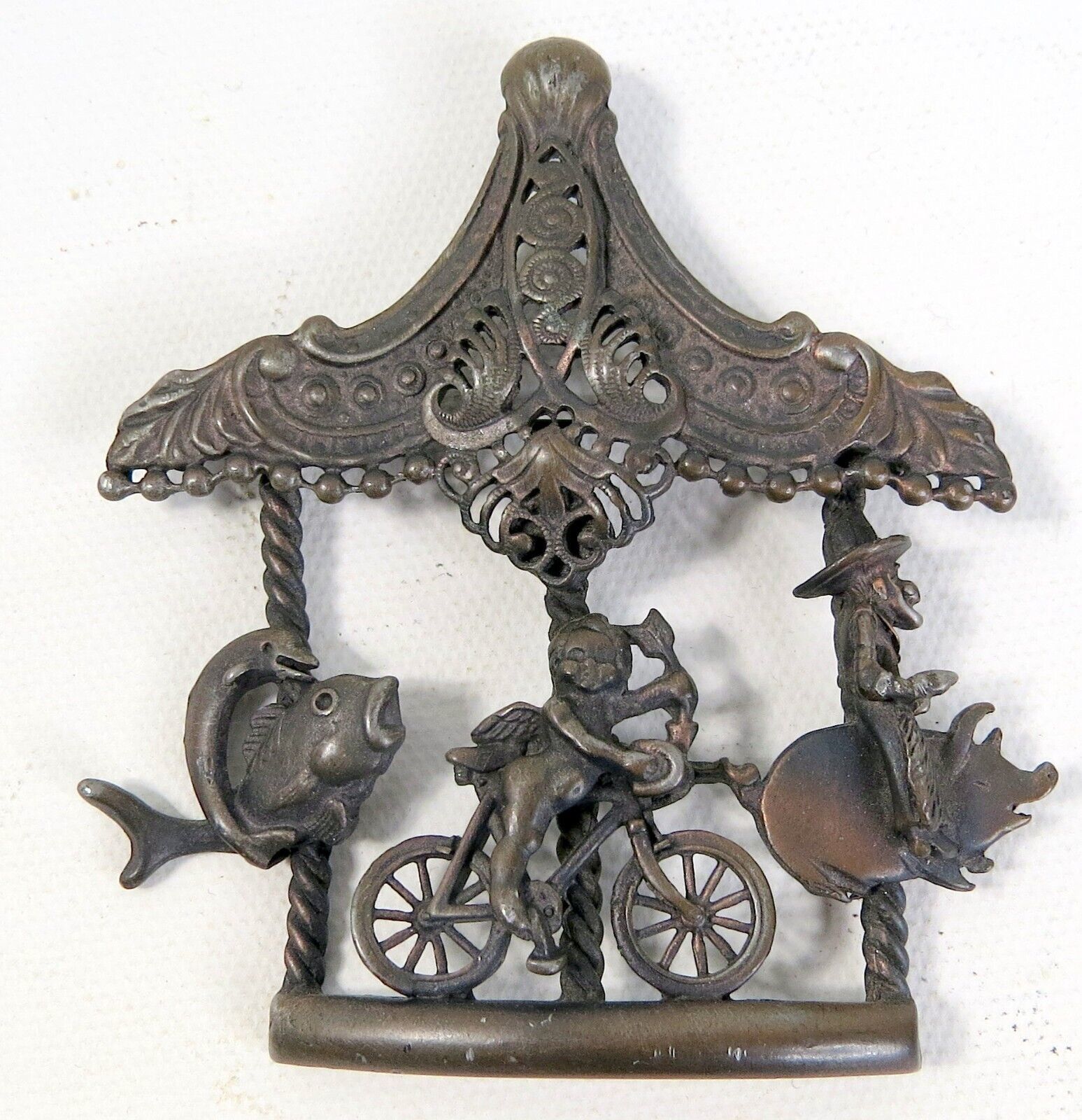 Primary image for Vintage Pewter Carousel Halloween Brooch Pin Witch Cupid Fish 2 3/4" Tall 2.5" W