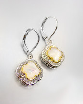CLASSIC Mother of Pearl Shell CZ Crystals Clover Petite Dainty Dangle Earrings - $18.99