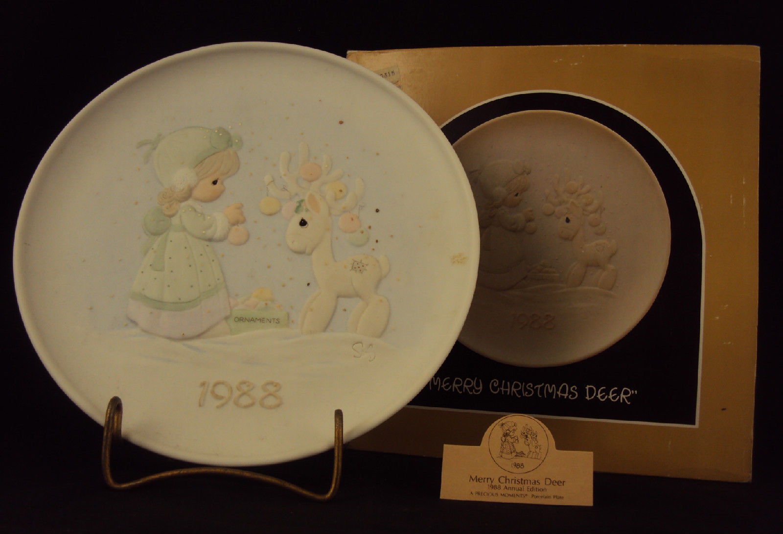 Primary image for "Merry Christmas Deer" Precious Moments PLATE, #520284, Butterfly Mark, 1988