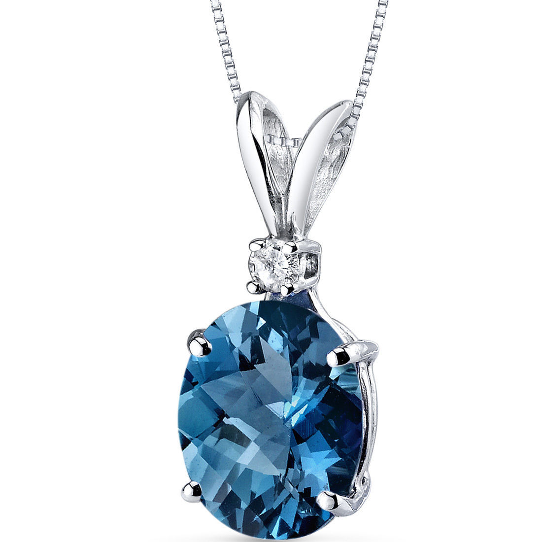 14k White Gold Oval Genuine London Blue Topaz and Diamond Pendant 