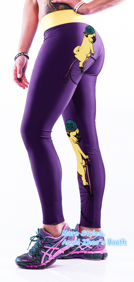 Women Pug Ride High Waist Leggings Animal Purple Digital Print Pants Yoga Tights