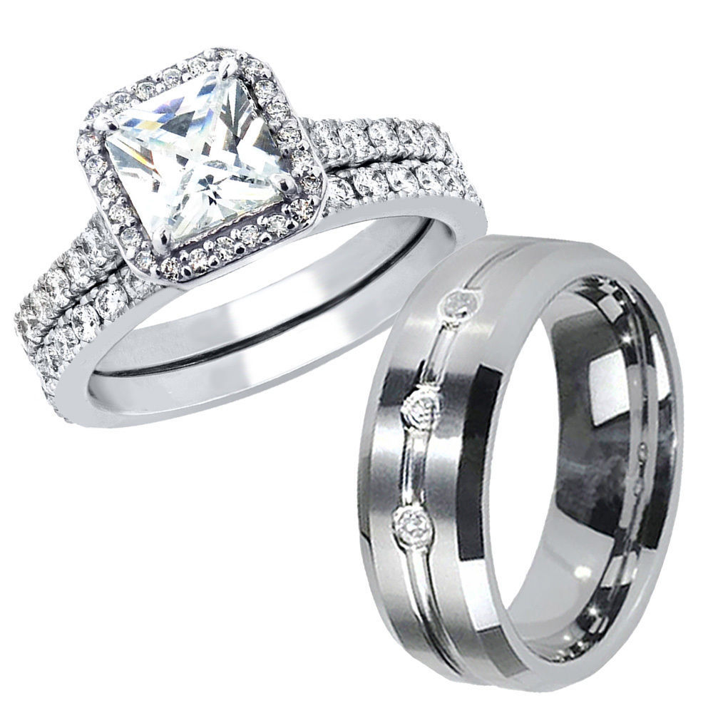 Glossy His Tungsten Hers .925 Sterling Silver Engagement Wedding Rings Band Set