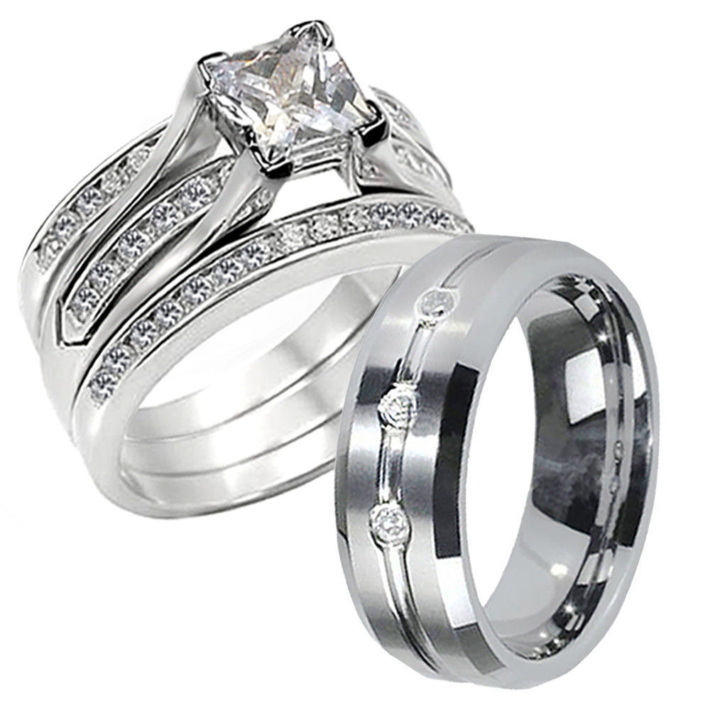 4 Pcs Womens CZ Sterling Silver MensTungsten Wedding Engagement Ring Band Set