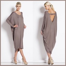 Long Solid Color Loose Euro Draped Sleeves Scoop Neck V Back Midi Lounger Dress
