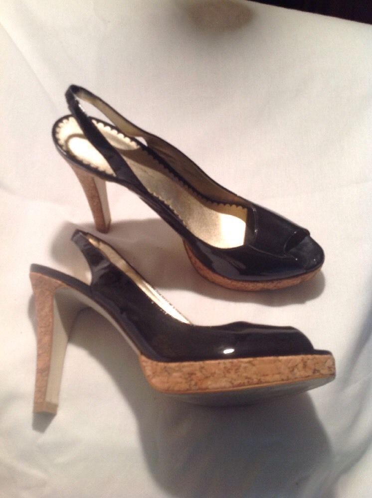 Jessica Simpson Black Patent Leather Slingback Peep Toe Cork Heels Open ...