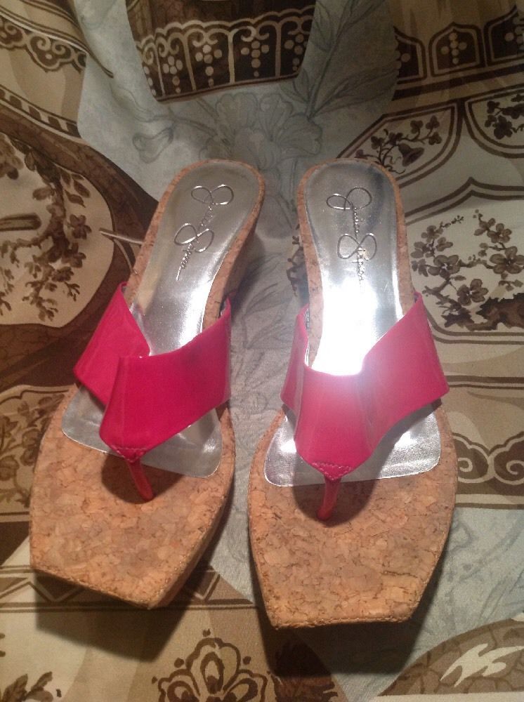 Jessica Simpson Vandy Patent PINK Leather Wedge Sandals Size 7.5B Cork Sole - Sandals & Flip Flops