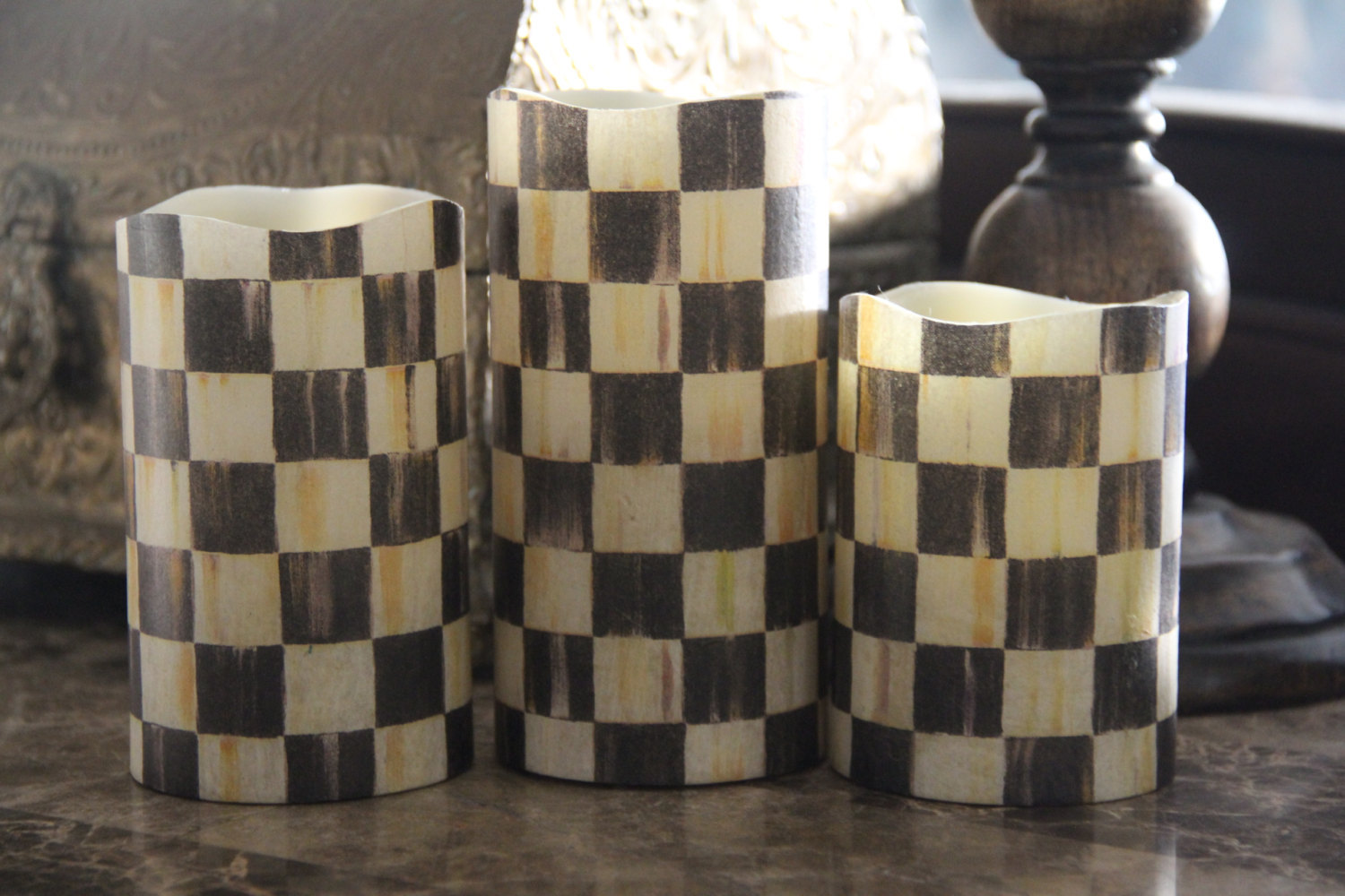 Vanilla Flameless LED Candles made w//Mackenzie Childs Courtly Ck Tissue w//Remote