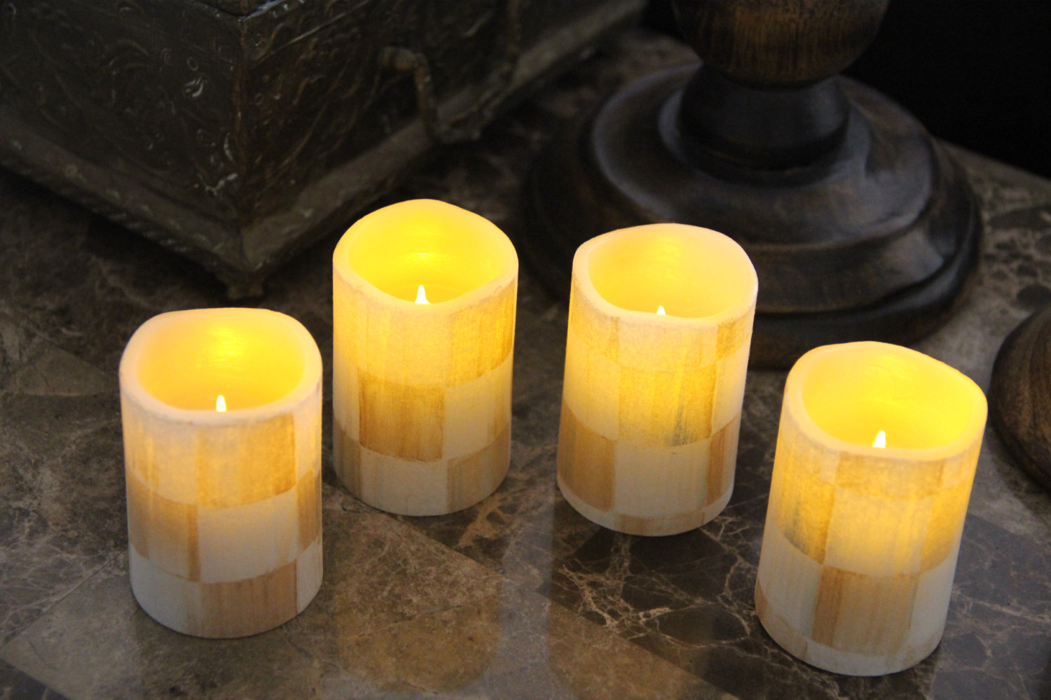 Vanilla Flameless LED Candles made w//Mackenzie Childs Courtly Ck Tissue w//Remote