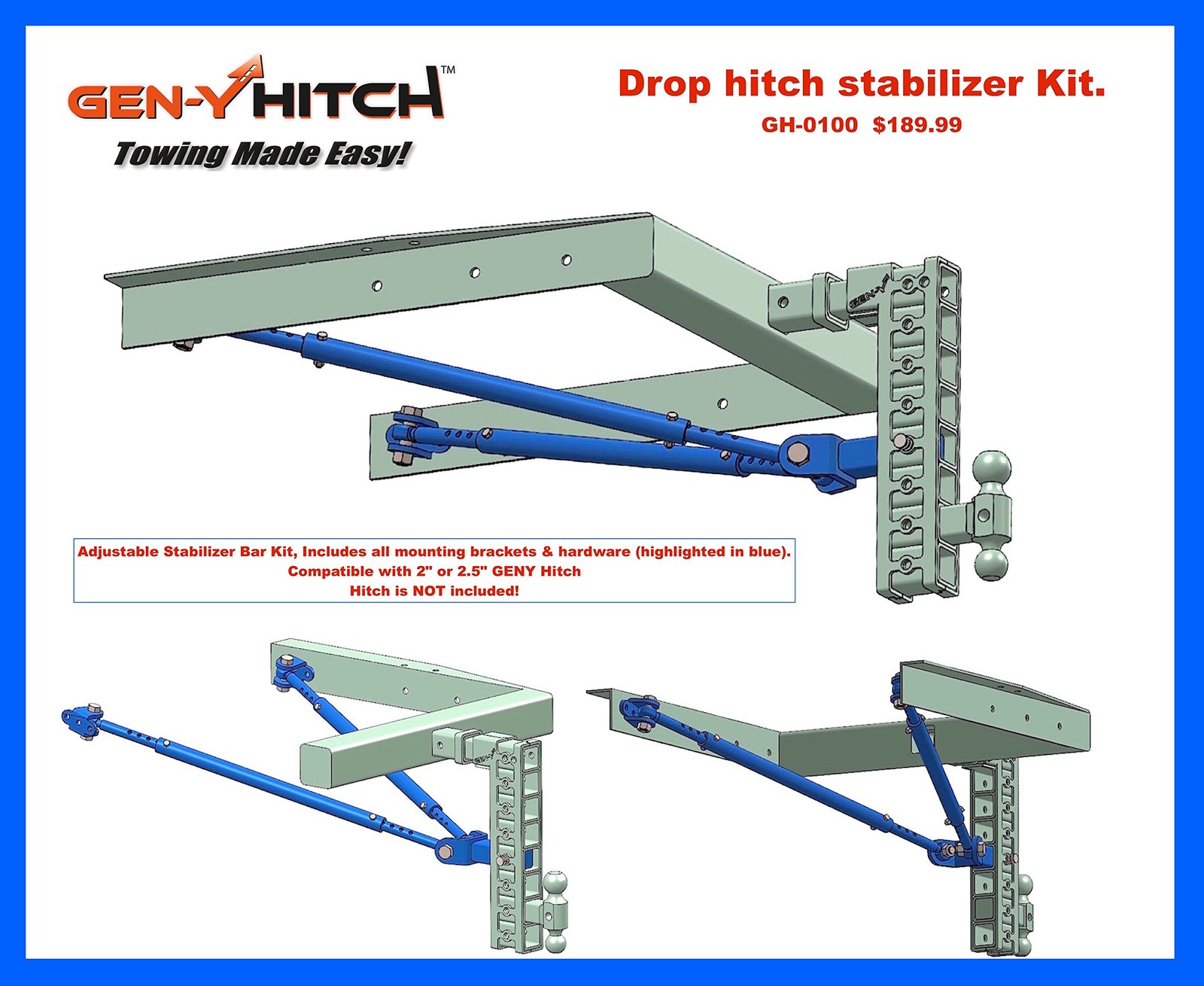 Drop Hitch Stabilizer Kit, Compatible w/ 2" & 2.5" GENY Hitches