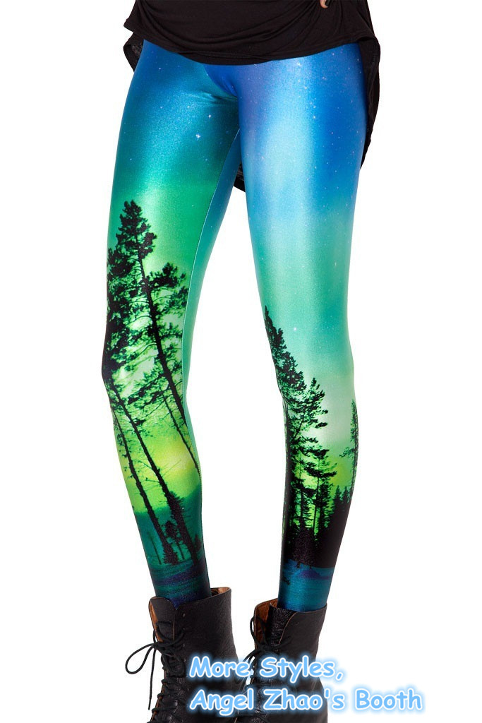 Women Galaxy Gradient Forest Printed Leggings Evergreen Tree Nature Pencil Pants