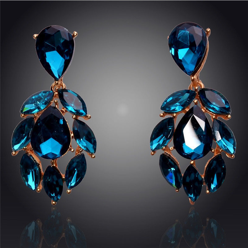 Teal Crystal Chandelier Wedding Bridal Jewelry Gold Plated Earrings
