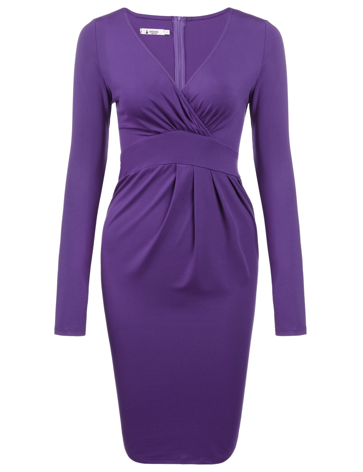 Women Sexy V-Neck Long Sleeve Solid Pleated Dress (Purple)