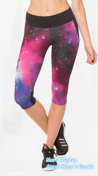Hot Women Sexy Galaxy Space Crop Trousers Elastic Purple Yoga Leggings for lady