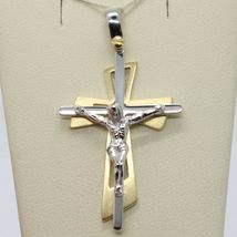 SOLID 18K WHITE YELLOW GOLD PENDANT DOUBLE CROSS, JESUS, SATIN, MADE IN ITALY image 4