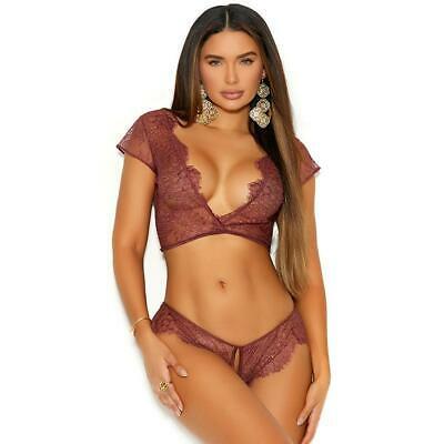 Lace Cami Crop Top Short Sleeves Plunging Neck Crotchless Panty Set 30046
