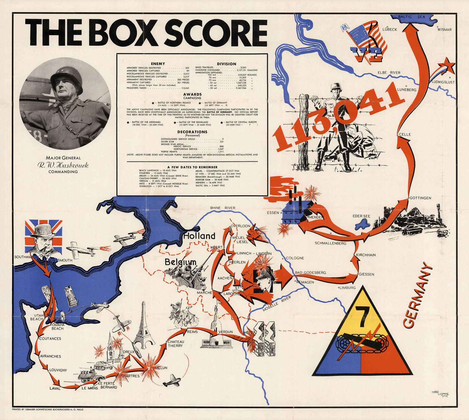 1945 WWII Military War Map The Box Score 7th Armored Division U.S. Army ...