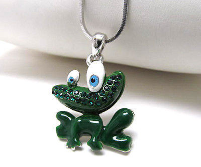 Children's Whitegold plating crystal and epoxy frog pendant necklace