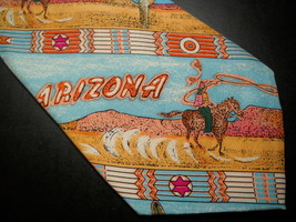 Silk Club Dress Neck Tie Arizona Theme Cowboy Native American Sky Blues ... - $14.99