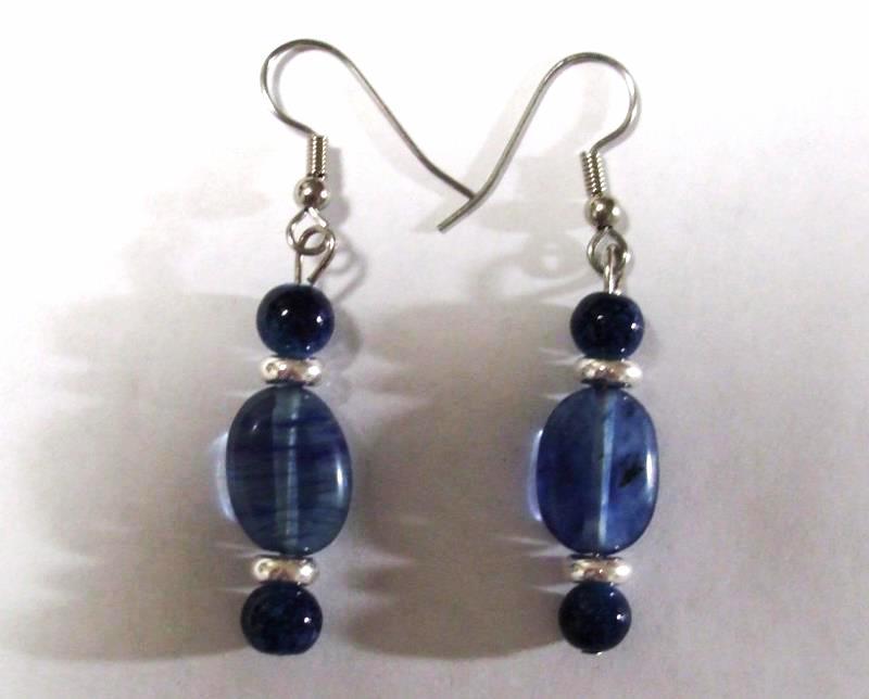 Blue Color Oval Glass Bead Earrings Handmade - Necklaces & Pendants