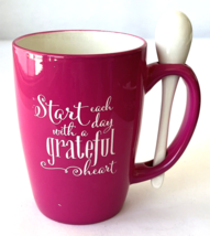 M Ware Pink Ceramic Tea Coffee Mug Cup with Spoon Start Each Day Gratefu... - $22.24