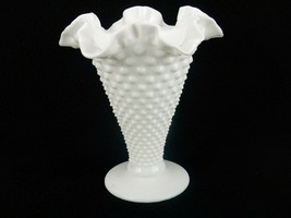 Fenton White Milk Glass, 8&quot; Trumpet Vase w/Ruffled Rim, Hobnail, Pattern... - $19.55
