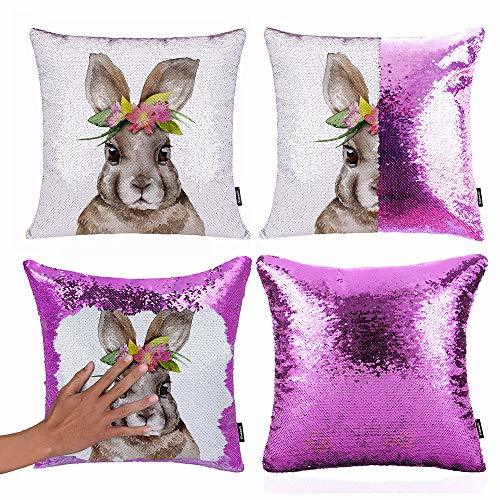 Xiaowli Easter Sequin Pillow Cover, Easter Bunny Rabbit Reversible Mermaid Sequi Pillowcases