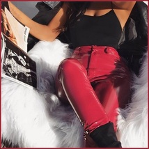 Bright Red Tight Fit Faux Leather High Waist Front Zip Up Legging Pencil Pants image 1