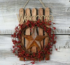 Olivia&#39;s Heartland country Pip Berries Rusty Star Wood Slat Welcome Fenc... - $15.95