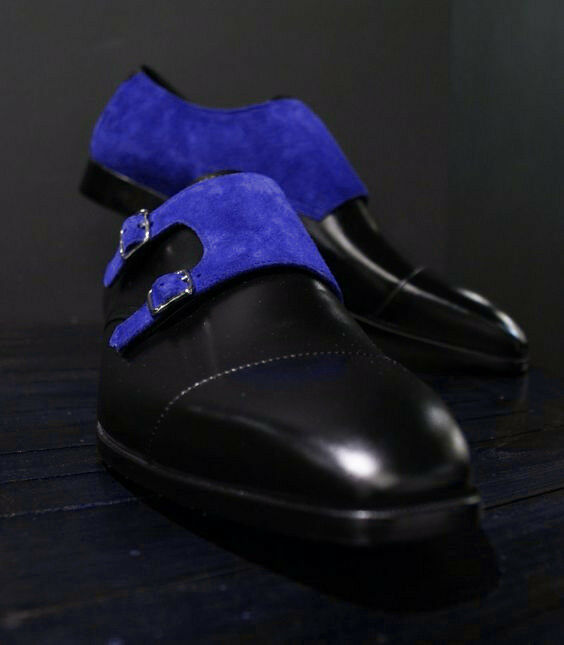 Two Tone Blue Suede Double Monk Strap Black Derby Cap Toe Leather Shoes