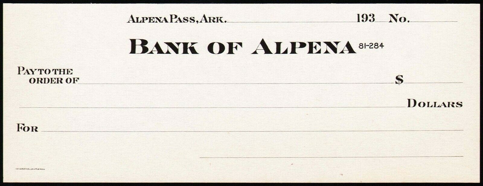 Vintage bank check BANK OF ALPENA Alpena Pass Arkansas 1930s new old