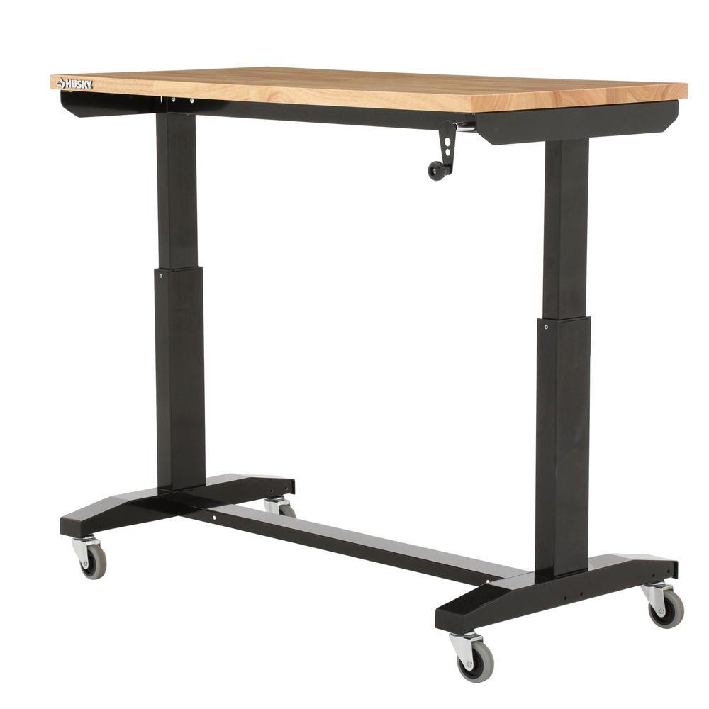 Husky Work Table 46 In. Adjustable Height Rolling Wheel Locks Steel 