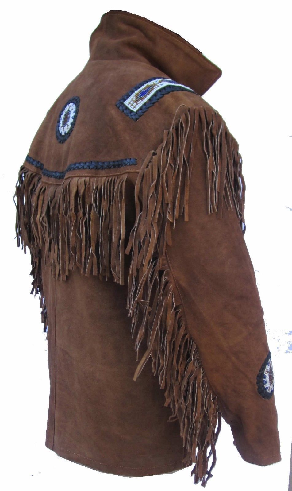 Handmade Men's Fringed Brown Western Wear Suede Leather Jacket Beaded