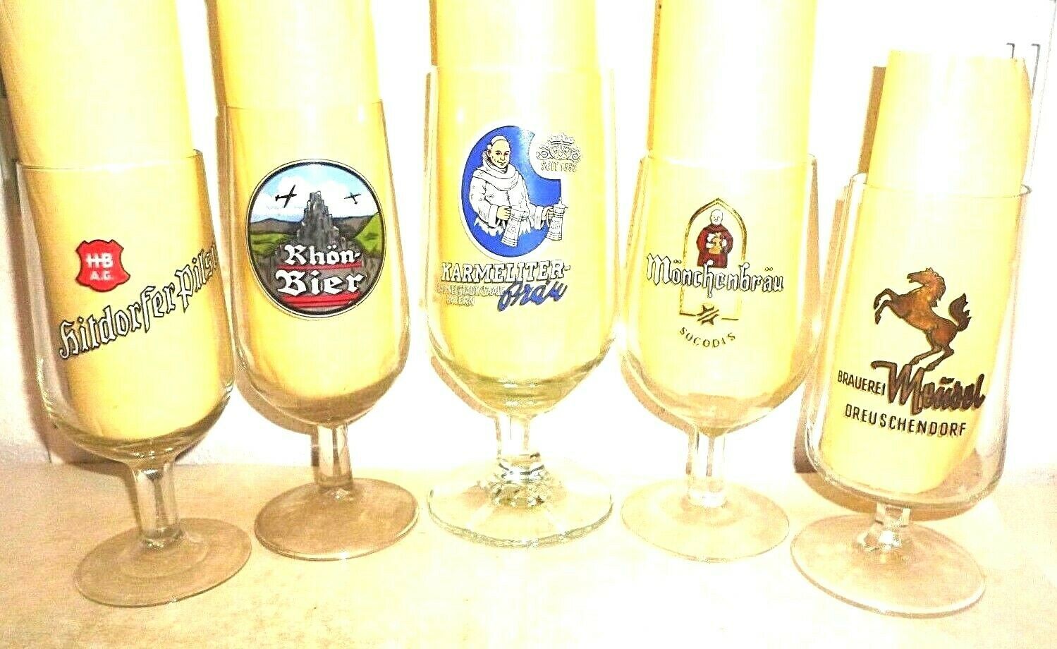5 GERMAN BREWERIES Multiples 2 Vintage German Beer Glasses Germany