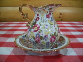 Vintage Lefton China Floral Small Pitcher and Bowl Set # 8039 / Intact G... - $16.09