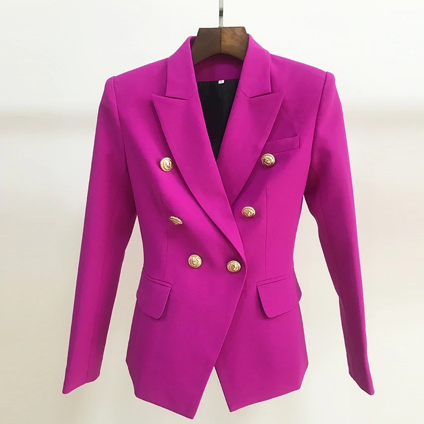 New fuchsia pink double breasted women blazer buttoned suit autumn fall ...