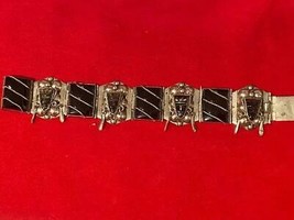 Vintage Carved Onyx Heads Silver Link Bracelet Mexico 7&quot; - £56.97 GBP
