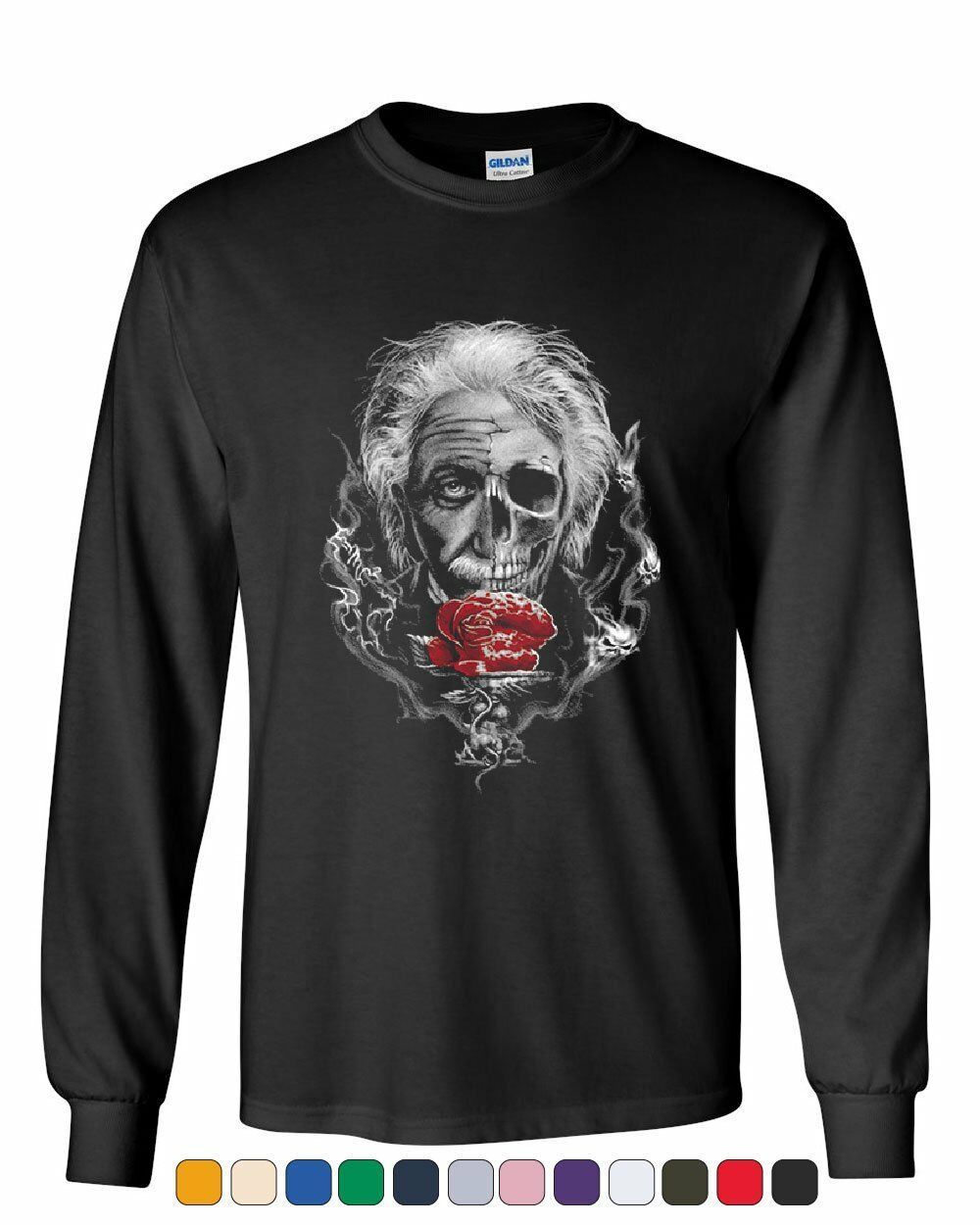 Albert Einstein Skull Face Long Sleeve T-Shirt Urban Rose Genius Scientist Tee