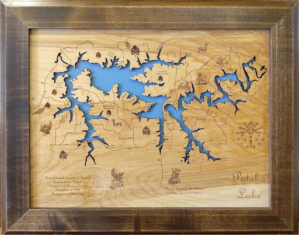Wood Laser Cut Map of Patoka Lake, IN Topographical Engraved Map