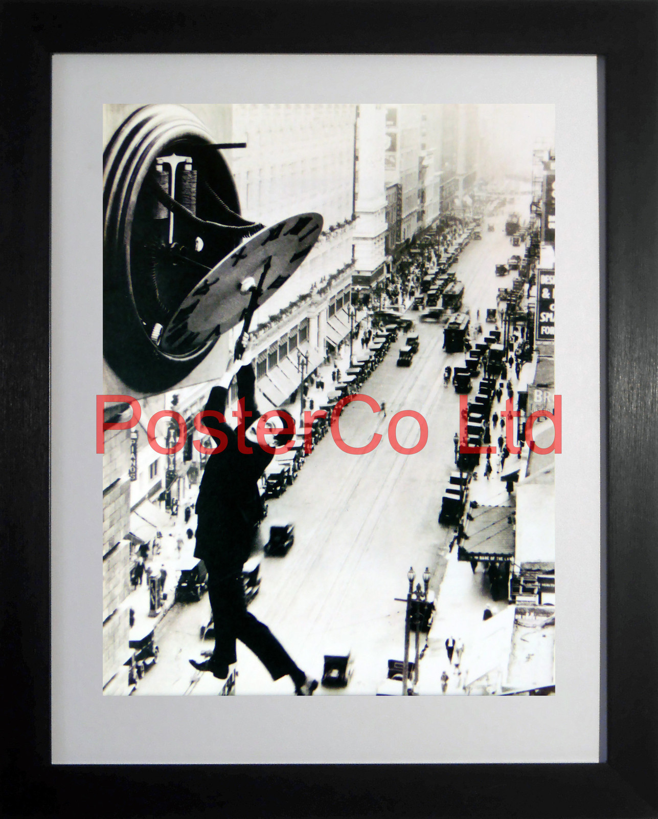 Harold Lloyd Clock scene from Safety Last! Framed Picture 16"H x 12"W