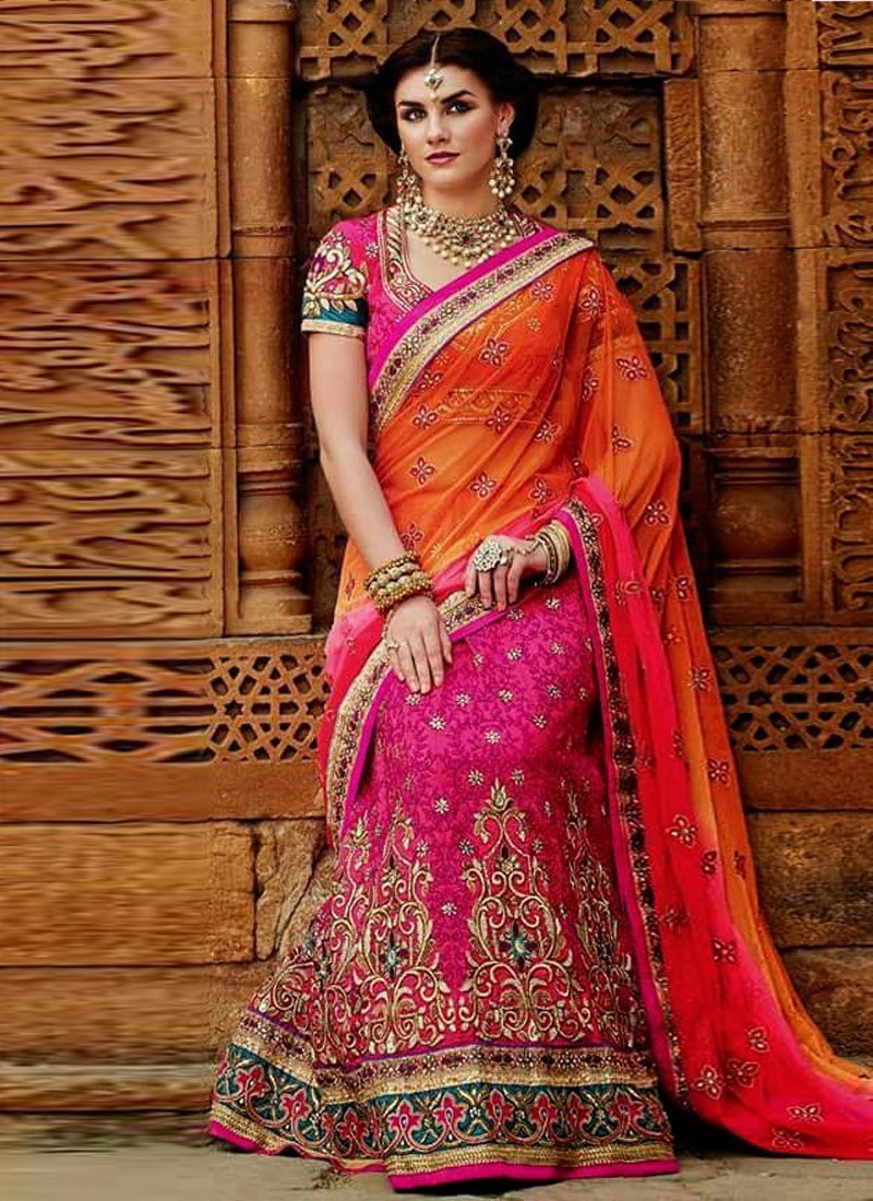 Pink, Orange Net Lehenga Style Saree - Women's Clothing