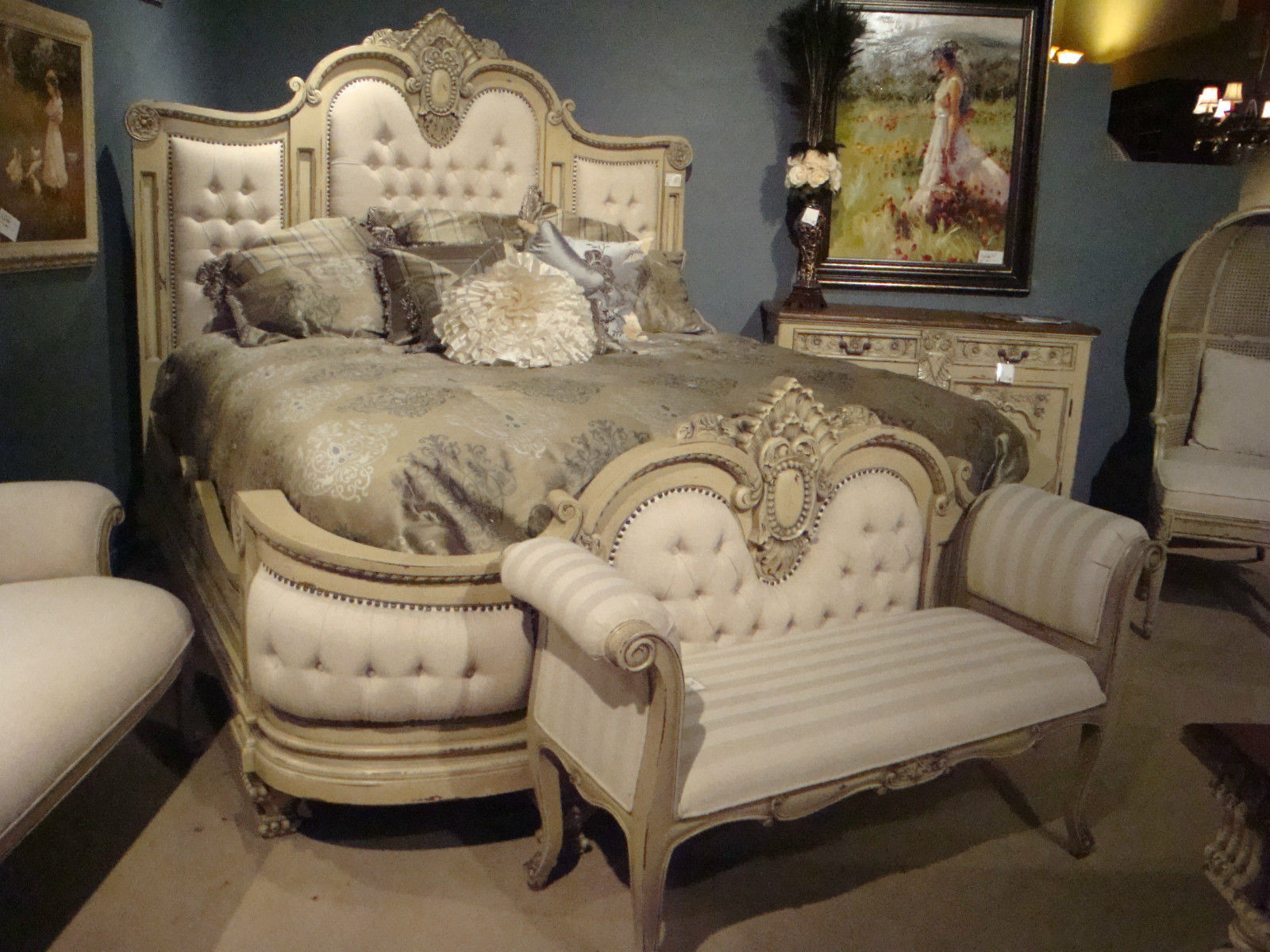 French Country Stunning Carved Solid Mahogany Wood Tufted Linen King