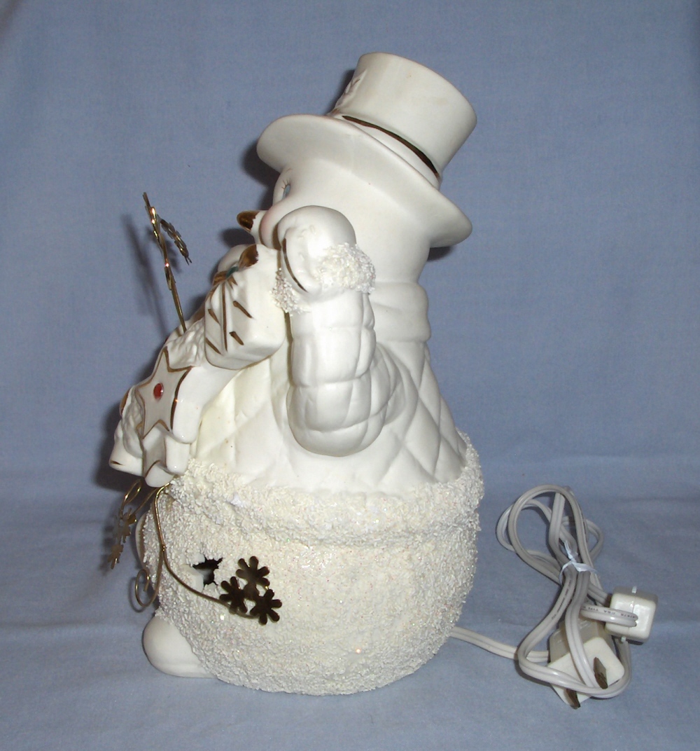 Christmas Holiday 9 inch Ceramic Light or Lamp, White Snowman with