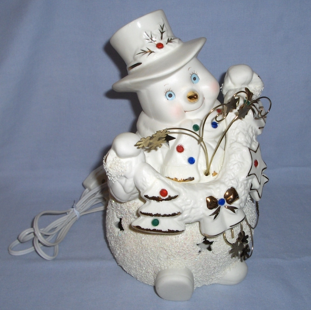 Christmas Holiday 9 inch Ceramic Light or Lamp, White Snowman with ...