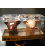 Tag Salt and Pepper Shaker Set Reindeer Two Tone Brown Red Noses Boxed U... - $8.99