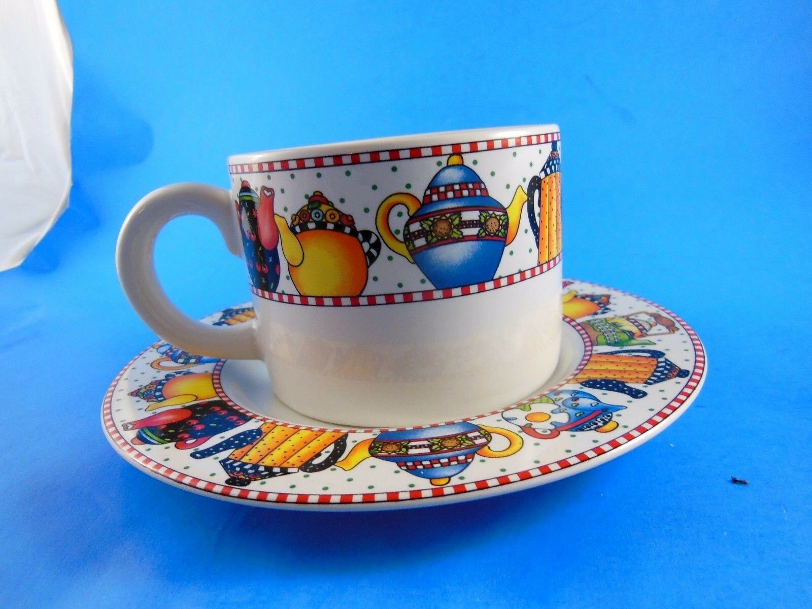 Mary Engelbreit Cup & Saucer Afternoon Tea Sukura 1984 Stoneware Tea Pots design - $19.79