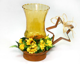 Rusty Tin Candle Holder with Amber Votive Cup and Sunflowers - $9.99