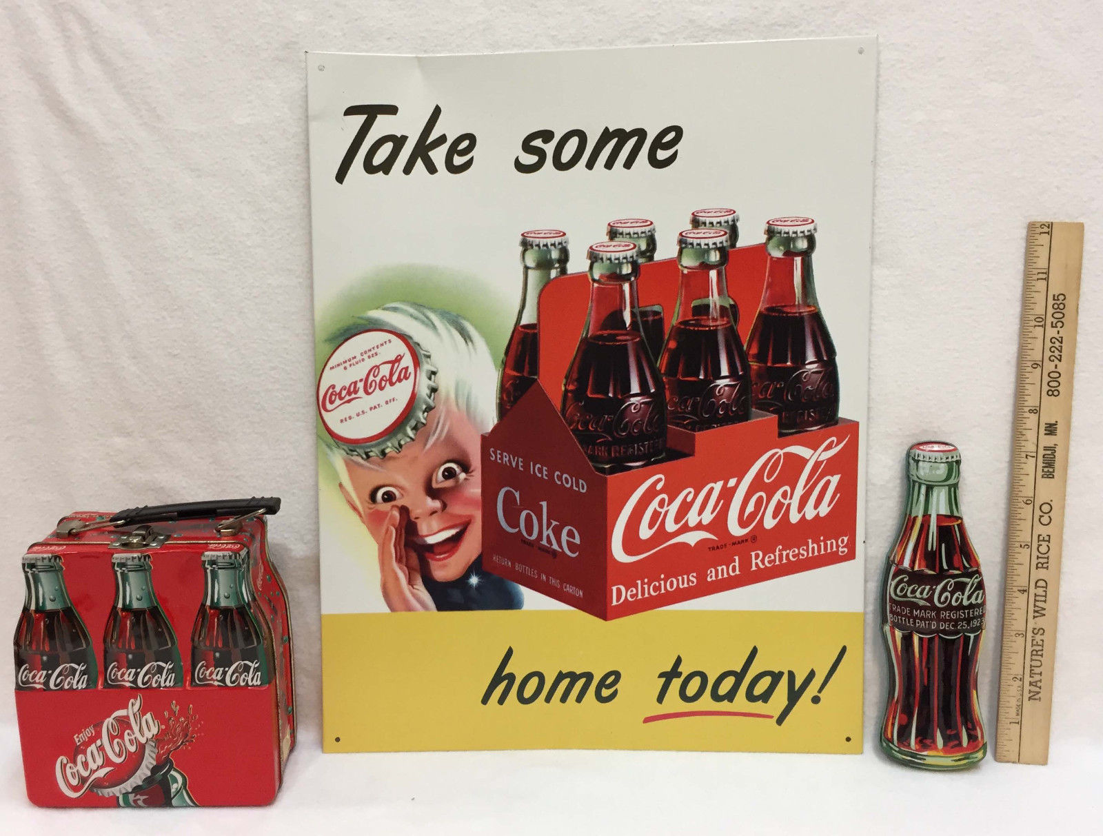Primary image for Coca Cola Metal Sign Tin Lunchbox Container Pen Coke Bottle Shape Lot 3