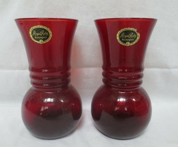 2 Vtg Anchor Hocking Royal Ruby Red Tapered Ribbed  Vases - 6 1/2&quot; Stickers - $20.00