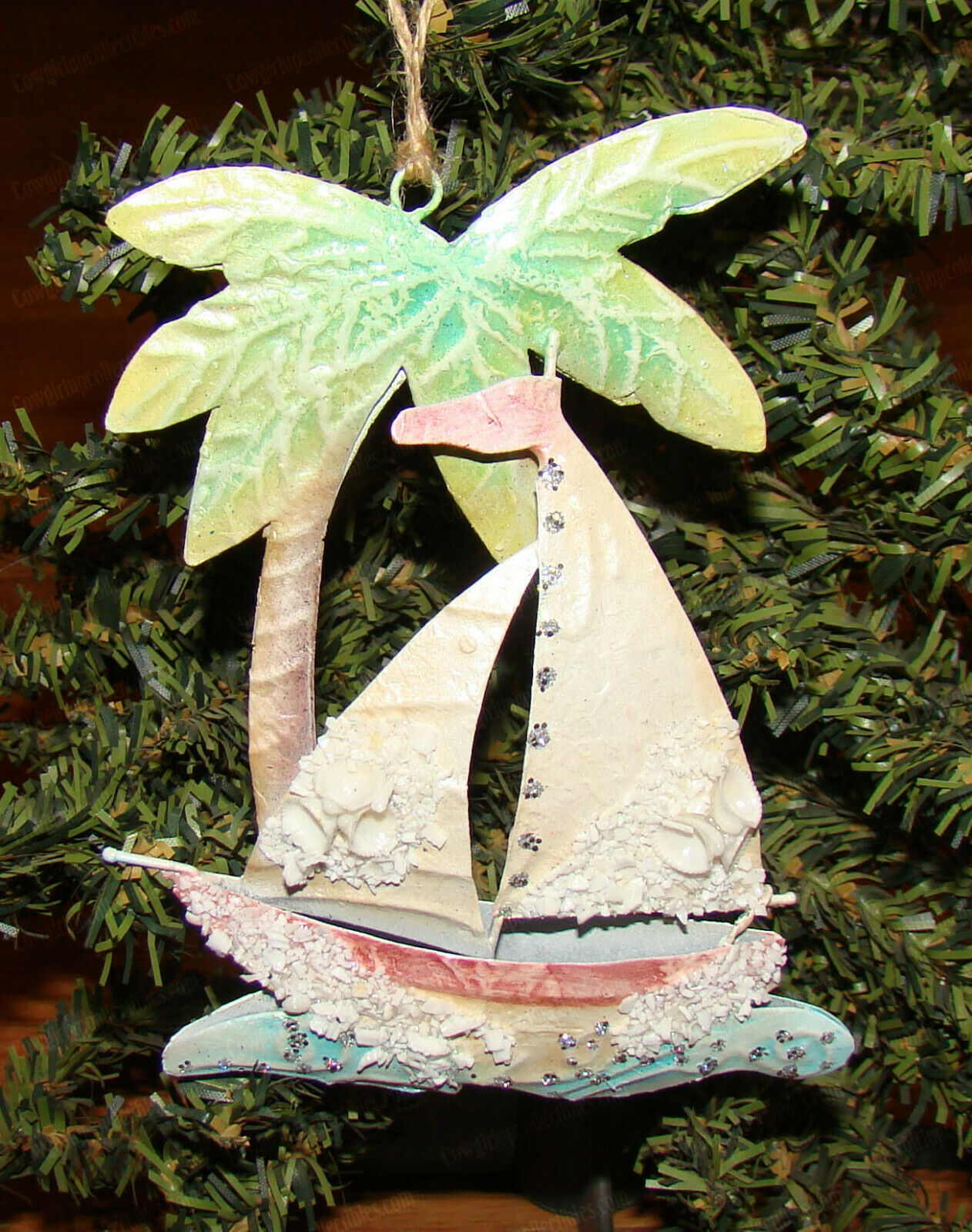 Sailboat, Palm Tree Hand-Painted Metal & Shell Ornament (1315H)
